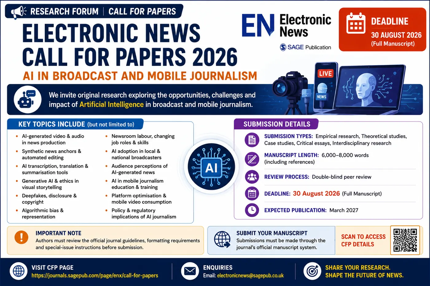 Call for Papers 2026: AI in Broadcast and Mobile Journalism – Electronic News - Deadline 30 August